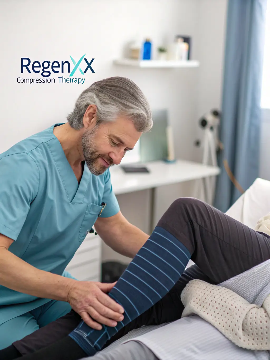 A healthcare professional demonstrating the application of Regenxx Compression Therapy on a patient's leg.