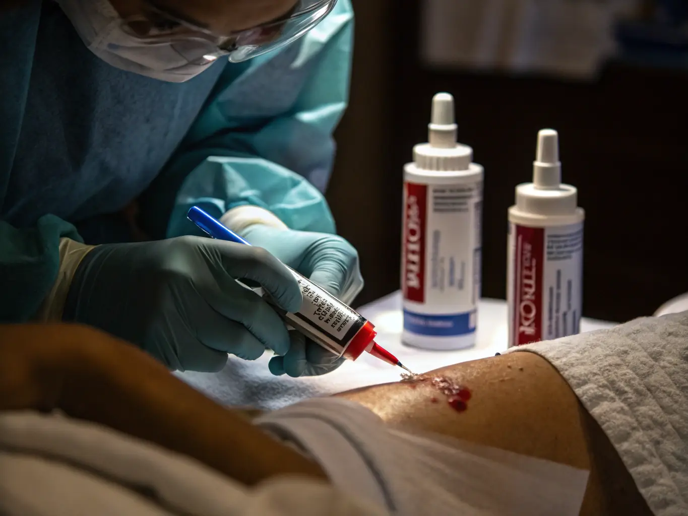 An array of advanced wound care products displayed on a clean, professional background, showcasing various bandages, creams, and specialized dressings.