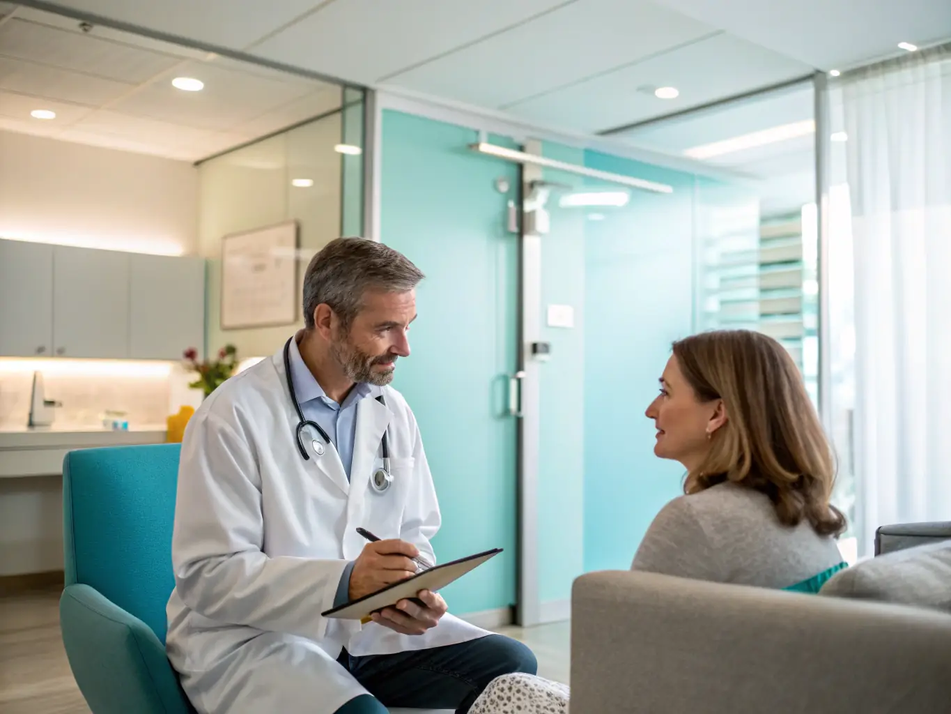 A healthcare professional consulting with a patient in a clinical setting, reviewing wound progress and discussing treatment options.